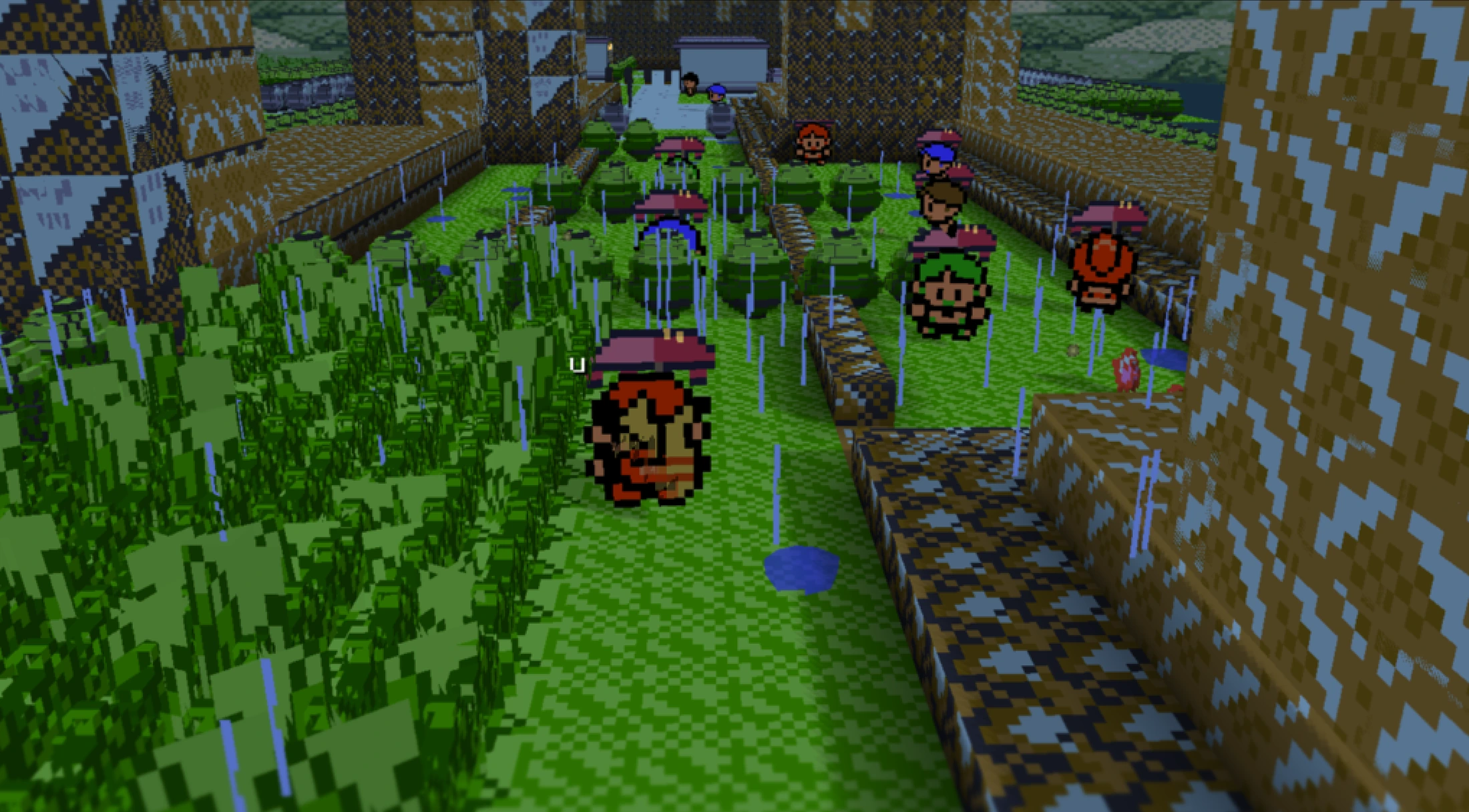 Poketic Recomp gameplay in a rainy Kanto town with multiple trainers
